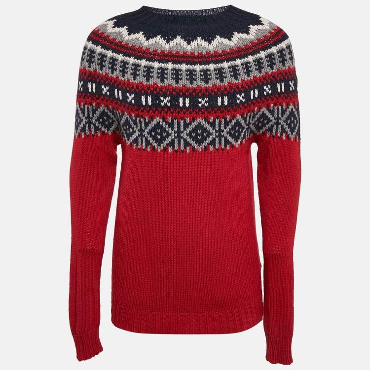 Pre Owned Moncler Red/Blue Intarsia Wool Knit Mock Neck Sweater L