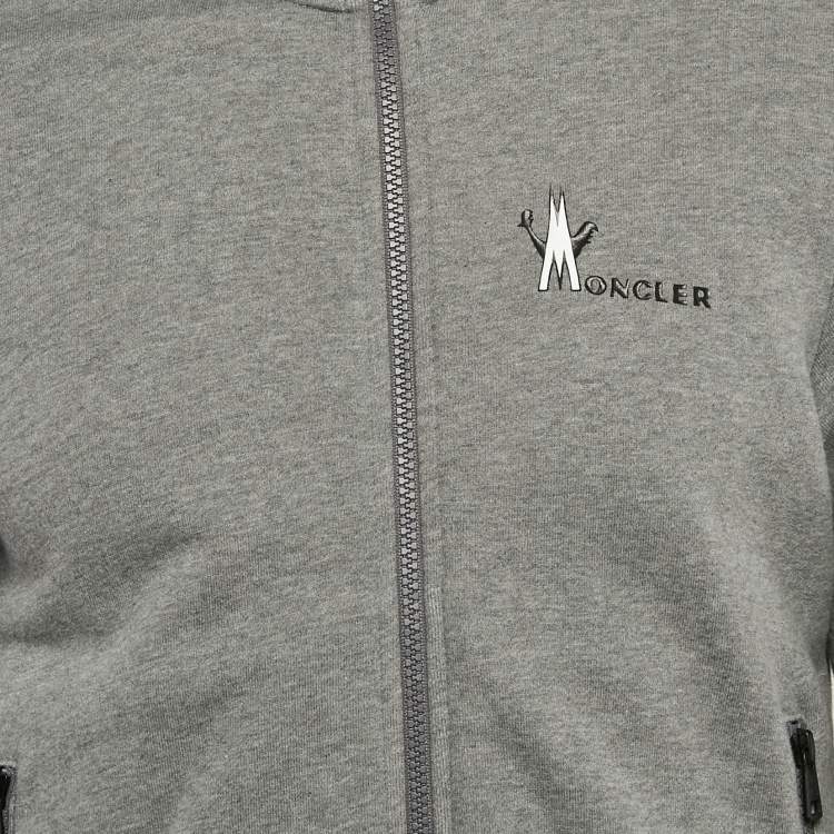 Pre Owned Moncler Grey Logo Print Cotton Knit Zip-Up Jacket M