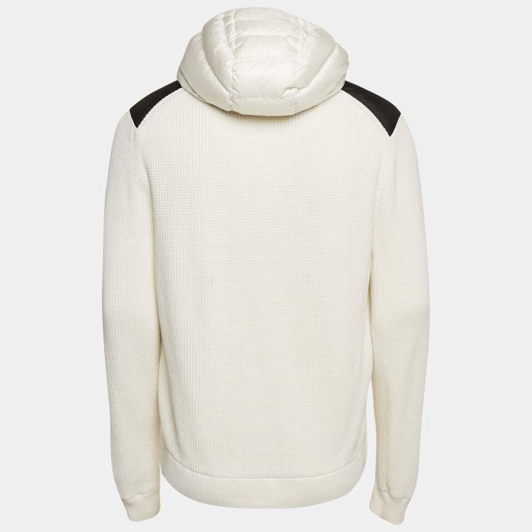Pre Owned Moncler White Logo Print Cotton Knit and Quilted Nylon Down Jacket L