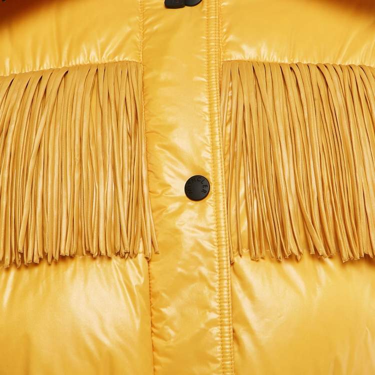 Pre Owned Moncler Yellow Nylon Button Front Fringe Detail Quilted Down Jacket L