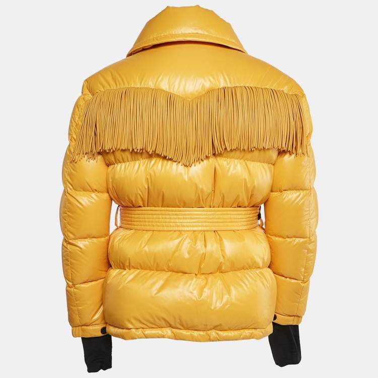 Pre Owned Moncler Yellow Nylon Button Front Fringe Detail Quilted Down Jacket L
