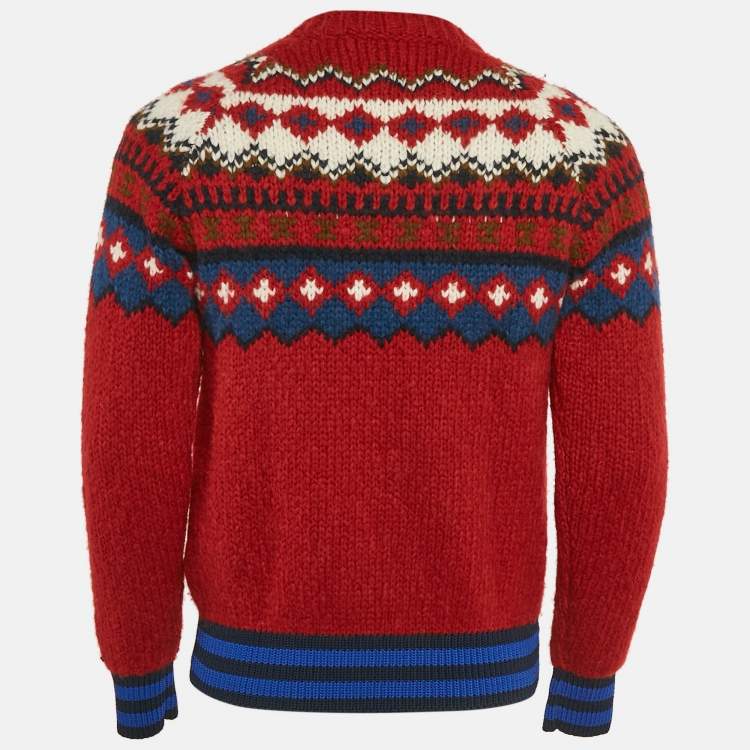 Pre Owned Moncler Red/Blue Intarsia Chunky Knit Mock Neck Sweater M