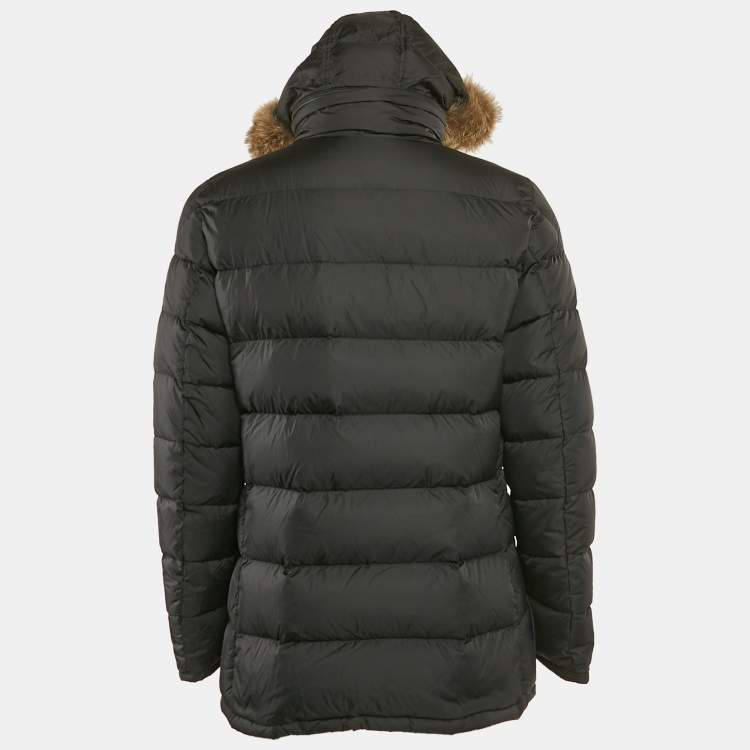 Pre Owned Moncler Black Real Fur Trim Nylon Hooded Down Jacket L