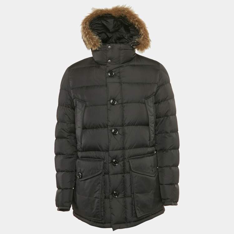 Pre Owned Moncler Black Real Fur Trim Nylon Hooded Down Jacket L