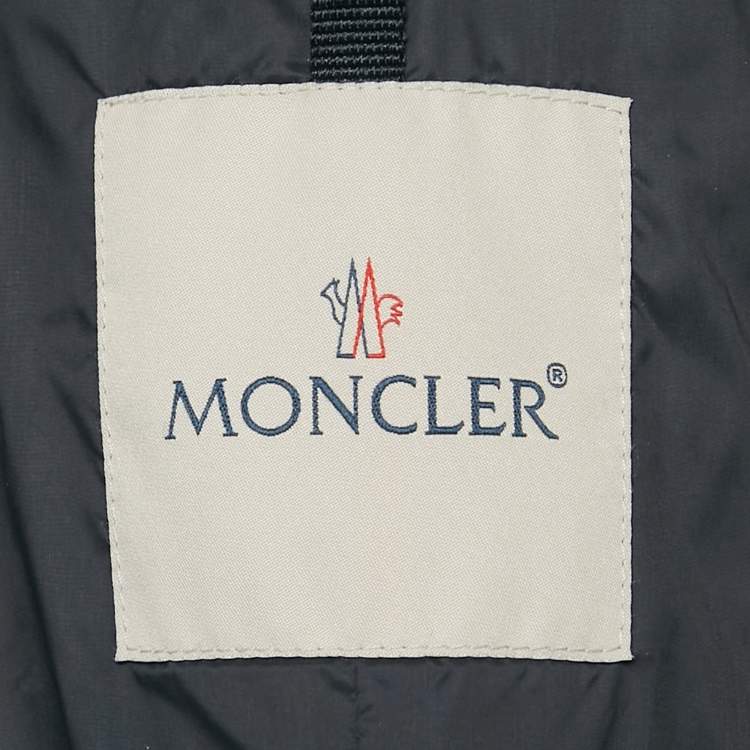 Pre Owned Moncler Navy Blue Wool Zip-Up Quilted Down Jacket L