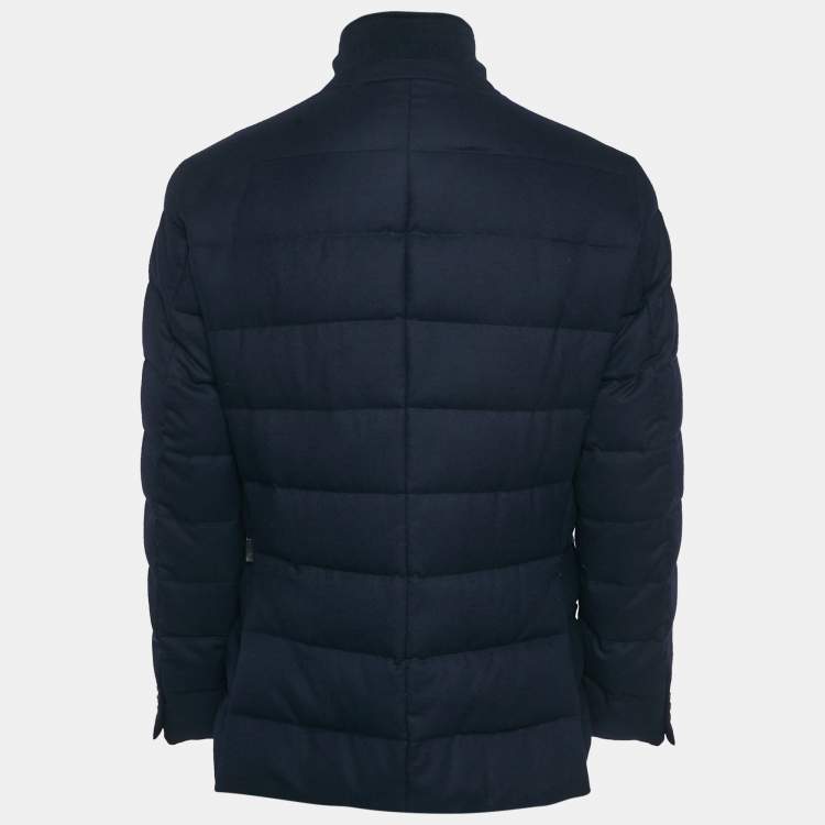Pre Owned Moncler Navy Blue Wool Zip-Up Quilted Down Jacket L