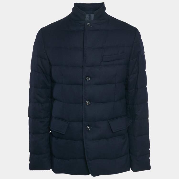 Pre Owned Moncler Navy Blue Wool Zip-Up Quilted Down Jacket L