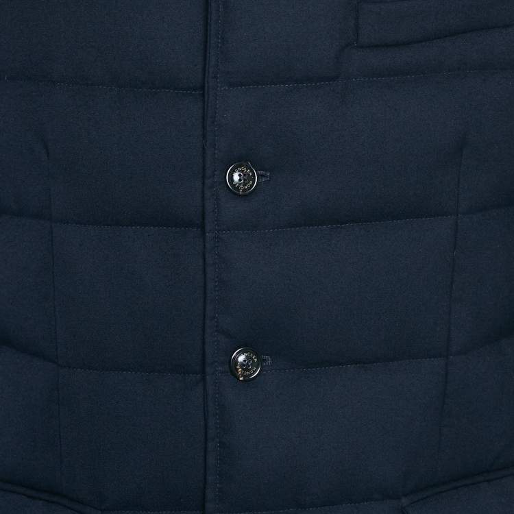 Pre Owned Moncler Navy Blue Wool Zip-Up Quilted Down Jacket L