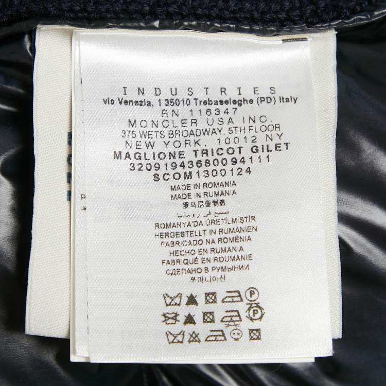 Pre Owned Moncler Navy Blue Wool & Synthetic Logo Patch Hooded Down Vest XL