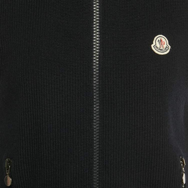 Pre Owned Moncler Navy Blue Wool & Synthetic Logo Patch Hooded Down Vest XL