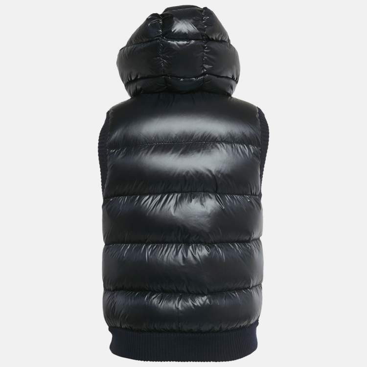 Pre Owned Moncler Navy Blue Wool & Synthetic Logo Patch Hooded Down Vest XL