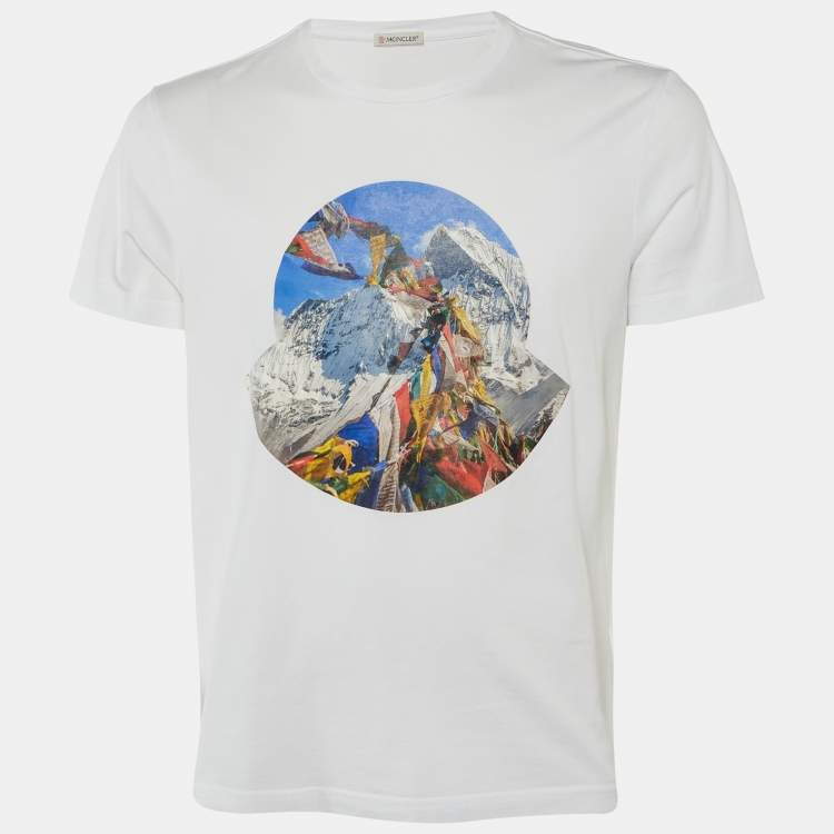 Pre Owned Moncler White Tibetan Flags Print Cotton Crew Neck T-Shirt L