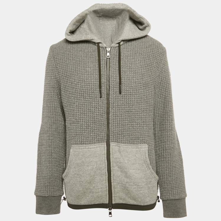 Pre Owned Moncler Grey  Rib Knit and Nylon Hooded Jacket L