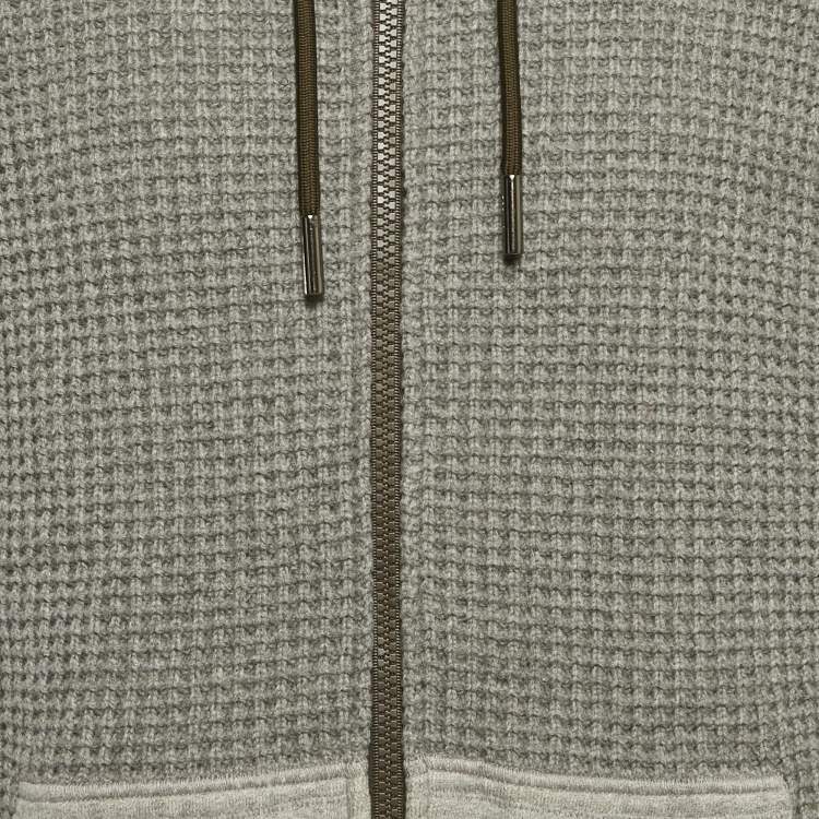 Pre Owned Moncler Grey  Rib Knit and Nylon Hooded Jacket L