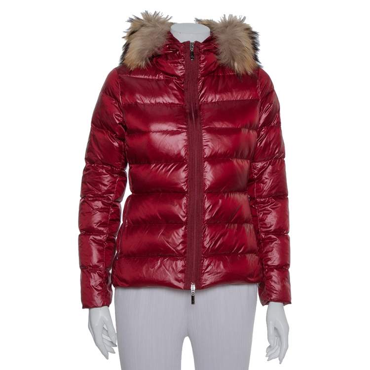 Moncler Burgundy Synthetic Down Fur Lined Hooded Puffer Jacket S ...