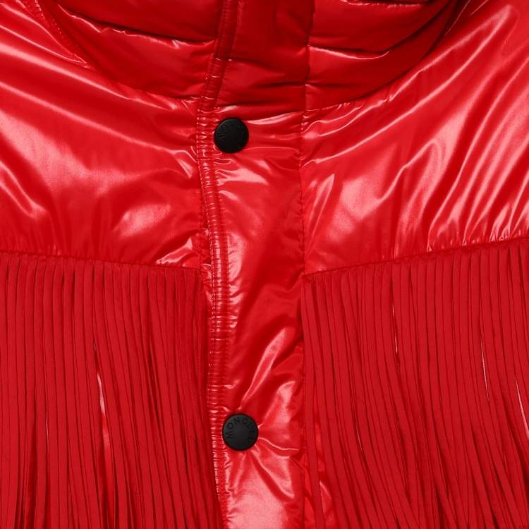 Pre Owned Moncler Red Synthetic Down Fringe Trimmed Arlaz Puffer Jacket XL