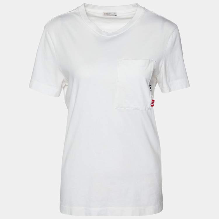 Pre Owned Moncler White Cototn Knit pocket Detail Crewneck T-Shirt S