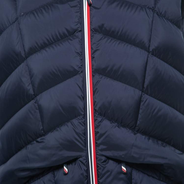 Pre Owned Moncler Navy Blue Synthetic Quilted Hooded Puffer Vest L