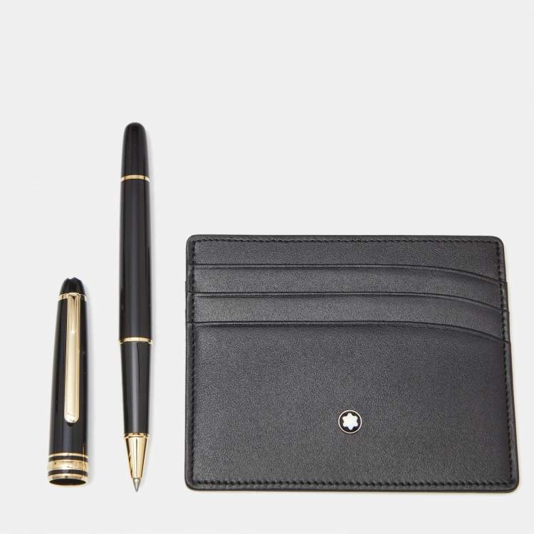 Pre Owned Montblanc Black Meisterstuck Classique Resin Leather Gold Tone Pen Card Holder Set