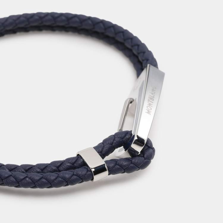 Pre Owned Montblanc Navy Blue Woven Leather Cord Wrap Me Bracelet