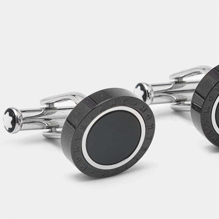 Pre Owned Montblanc Meisterstuck Onyx Stainless Steel Cufflinks