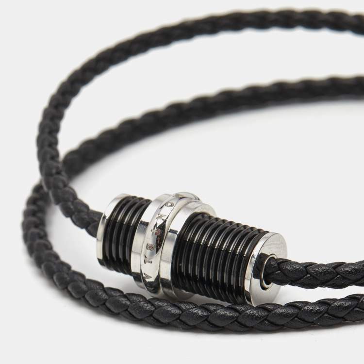 Pre Owned Montblanc Leather Two Tone Metal Bracelet