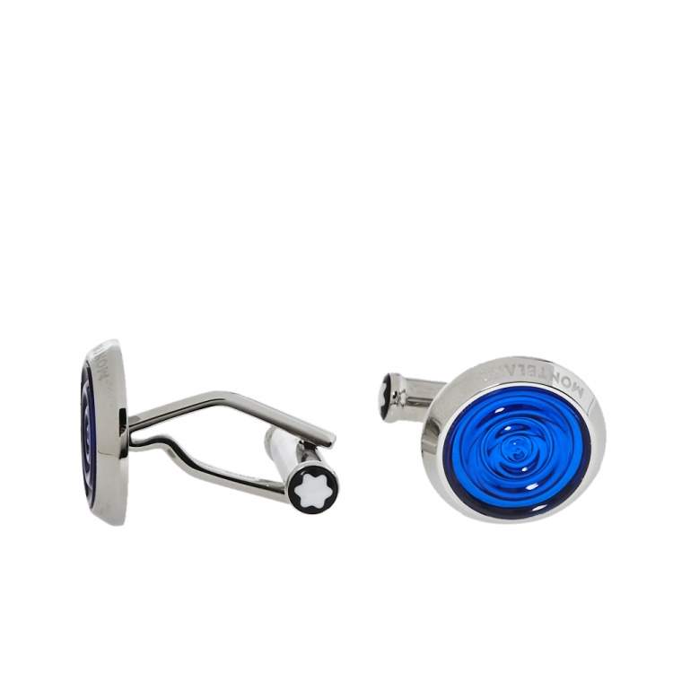 Pre Owned Montblanc Stainless Steel Blue Resin Urban Spirit Round Cufflinks