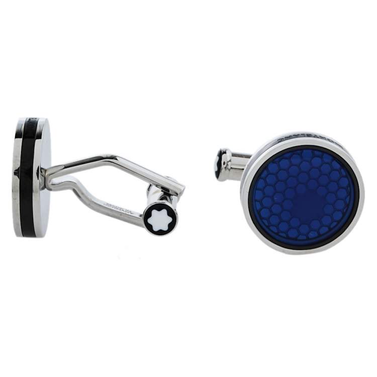 Pre Owned Montblanc Silver Tone & Blue Glass Round Star Cufflinks