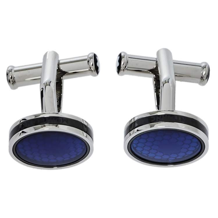 Pre Owned Montblanc Silver Tone & Blue Glass Round Star Cufflinks