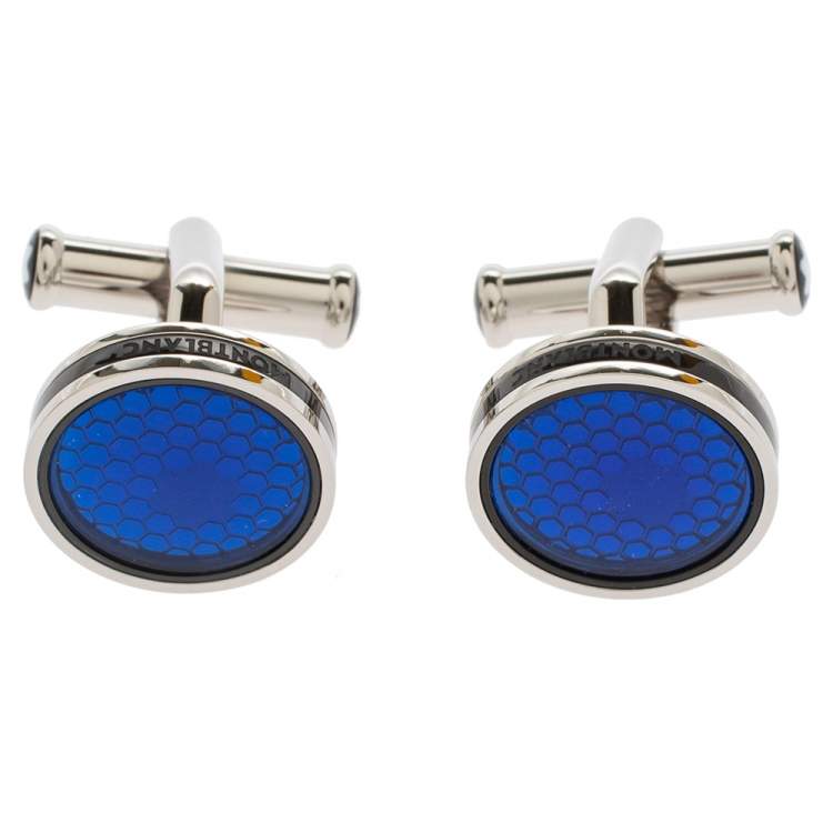 Pre Owned Montblanc Silver Tone & Blue Glass Round Star Cufflinks