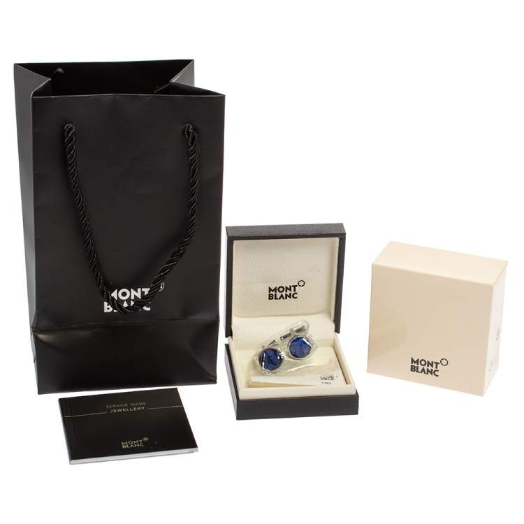 Pre Owned Montblanc Silver Tone & Blue Glass Round Star Cufflinks
