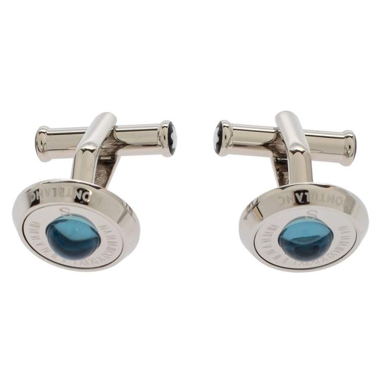 Pre Owned Montblanc Stainless Steel & Blue Sunstone Urban Spirit Round Cufflinks