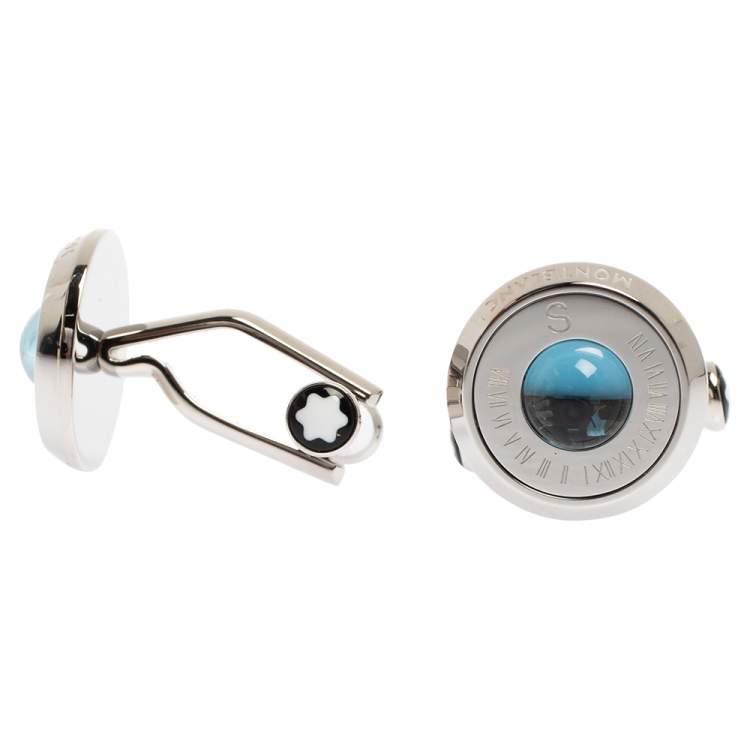 Pre Owned Montblanc Stainless Steel & Blue Sunstone Urban Spirit Round Cufflinks