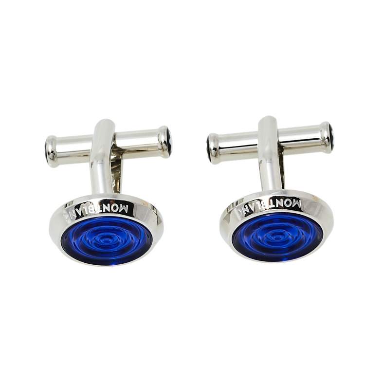 Pre Owned Montblanc Urban Spirit Stainless Steel Blue Resin Round Cufflinks