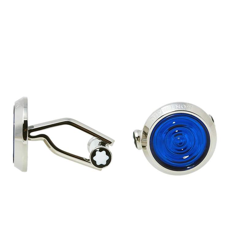 Pre Owned Montblanc Urban Spirit Stainless Steel Blue Resin Round Cufflinks