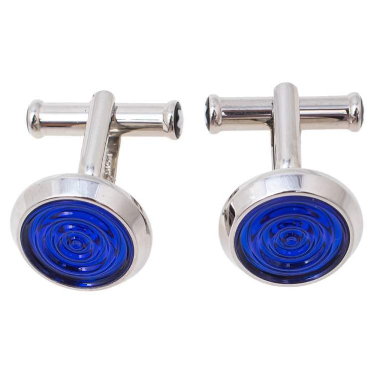 Pre Owned Montblanc Stainless Steel Blue Resin Urban Spirit Round Cufflinks