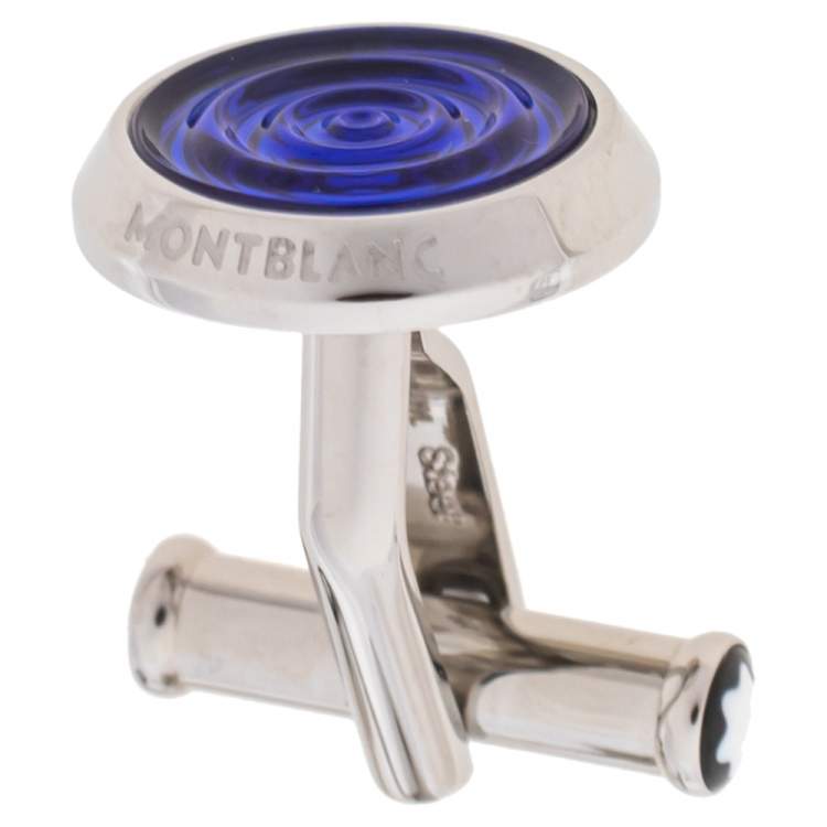 Pre Owned Montblanc Stainless Steel Blue Resin Urban Spirit Round Cufflinks