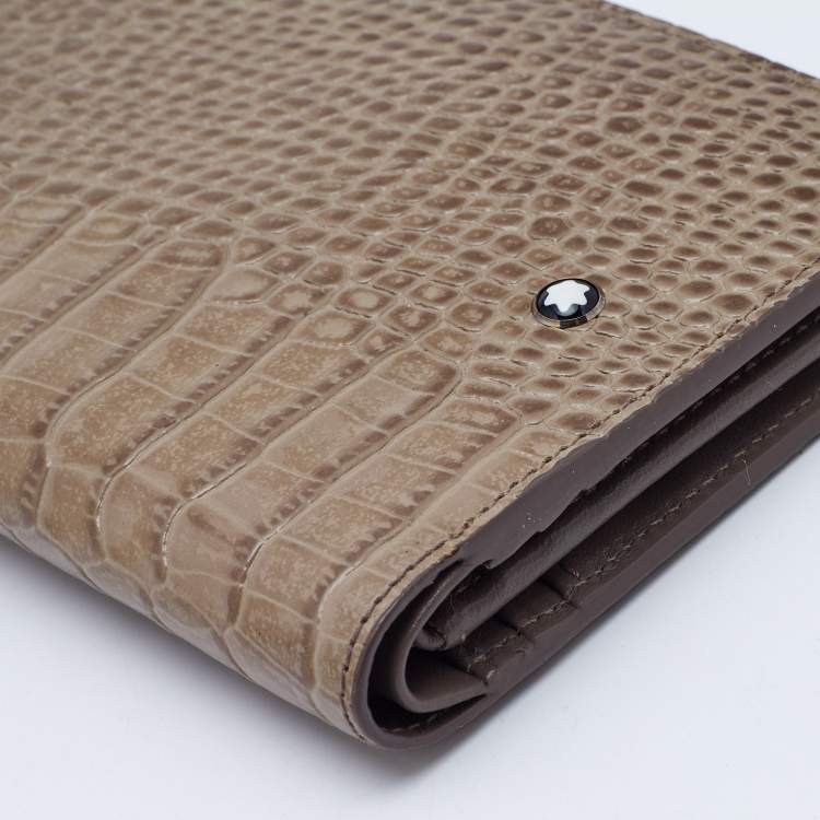 Pre Owned Montblanc Beige Croc Embossed Leather Meisterstuck Bifold Business Wallet