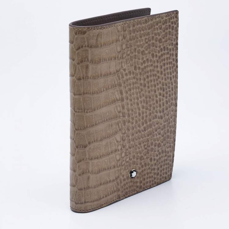 Pre Owned Montblanc Beige Croc Embossed Leather Meisterstuck Bifold Business Wallet