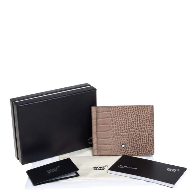 Pre Owned Montblanc Beige Croc Embossed Leather Meisterstuck Money Clip Bifold Wallet