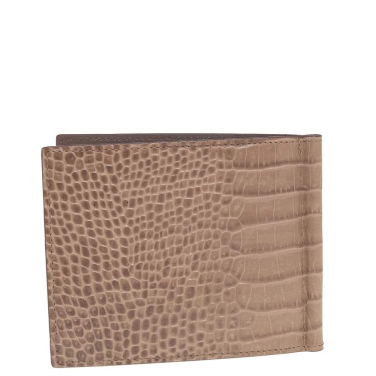 Pre Owned Montblanc Beige Croc Embossed Leather Meisterstuck Money Clip Bifold Wallet