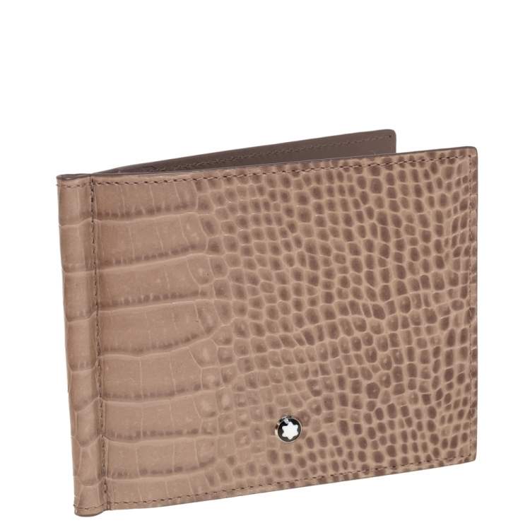 Pre Owned Montblanc Beige Croc Embossed Leather Meisterstuck Money Clip Bifold Wallet