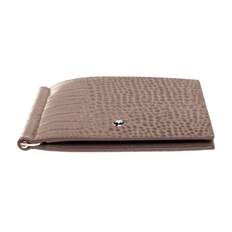 Pre Owned Montblanc Beige Croc Embossed Leather Meisterstuck Money Clip Bifold Wallet
