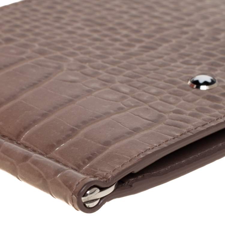 Pre Owned Montblanc Beige Croc Embossed Leather Meisterstuck Money Clip Bifold Wallet