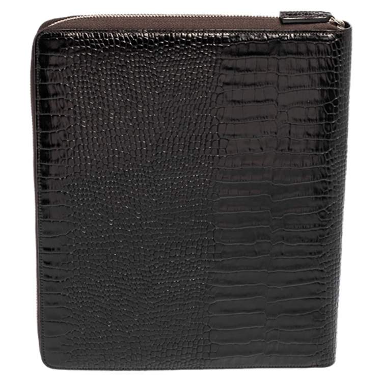 Pre Owned Montblanc Mocha Brown Croc Embossed Leather Meisterstuck Zip Business Companion Clutch