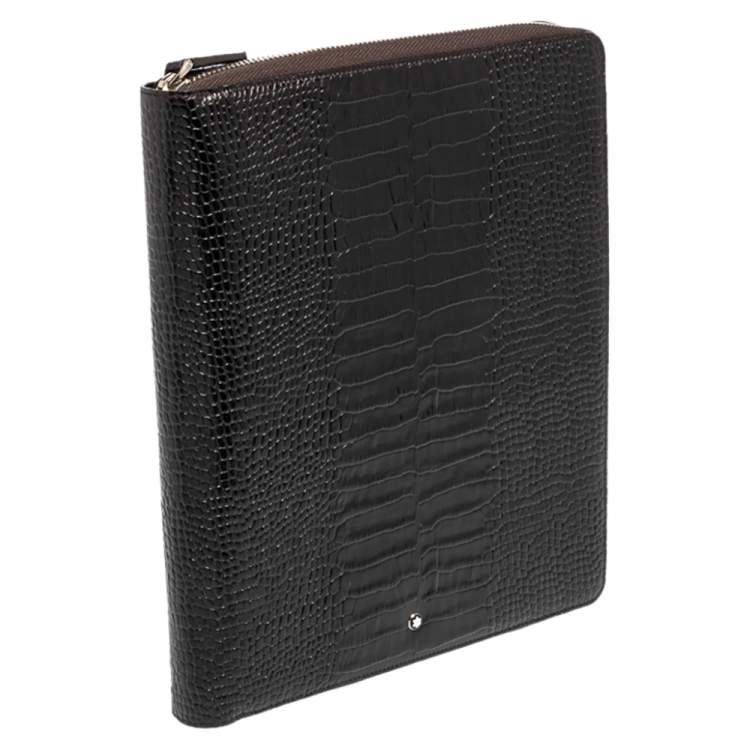 Pre Owned Montblanc Mocha Brown Croc Embossed Leather Meisterstuck Zip Business Companion Clutch