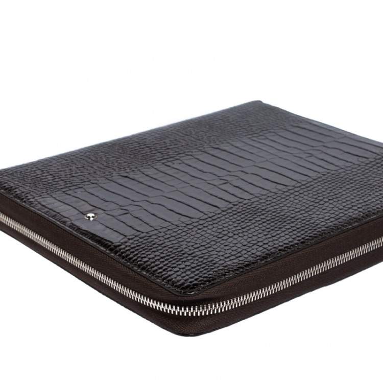Pre Owned Montblanc Mocha Brown Croc Embossed Leather Meisterstuck Zip Business Companion Clutch