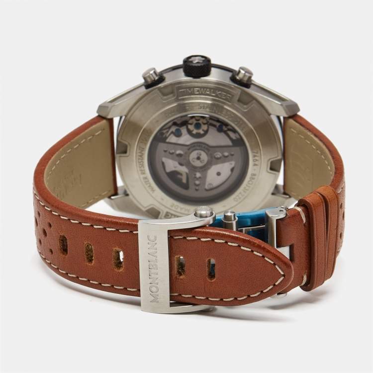 Pre Owned Montblanc Black Ceramic Stainless Steel Calfskin Timewalker 19942 Men's Wristwatch 43 mm