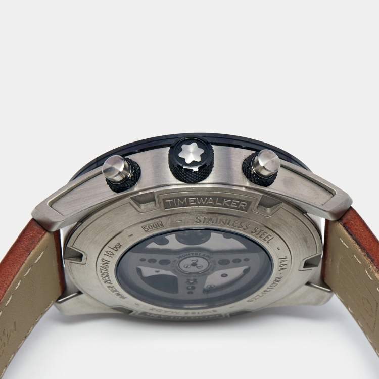 Pre Owned Montblanc Black Ceramic Stainless Steel Calfskin Timewalker 19942 Men's Wristwatch 43 mm