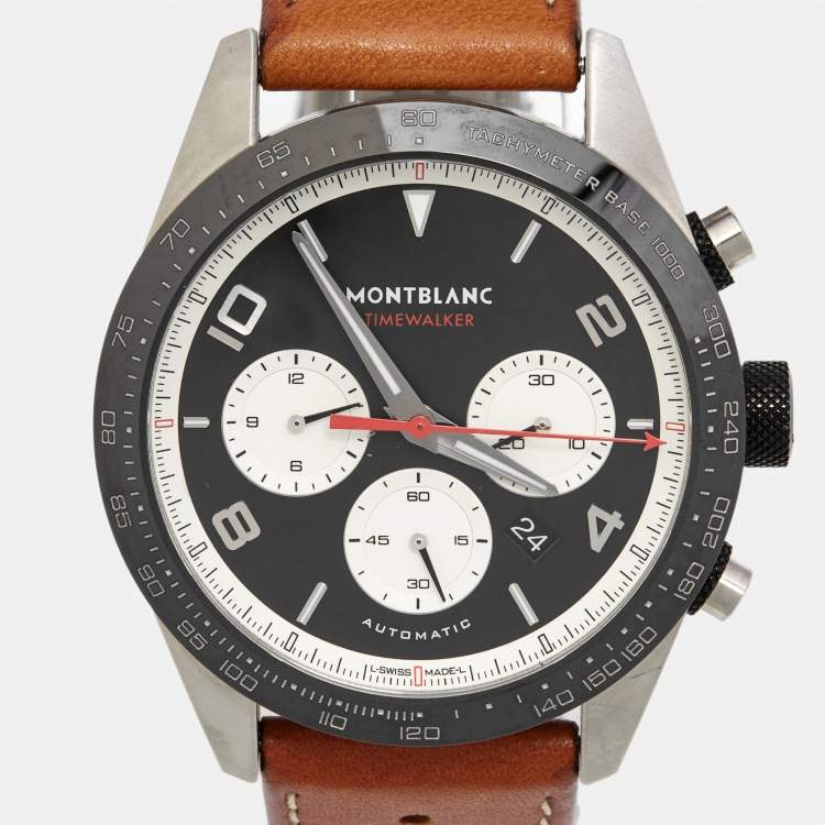 Pre Owned Montblanc Black Ceramic Stainless Steel Calfskin Timewalker 19942 Men's Wristwatch 43 mm